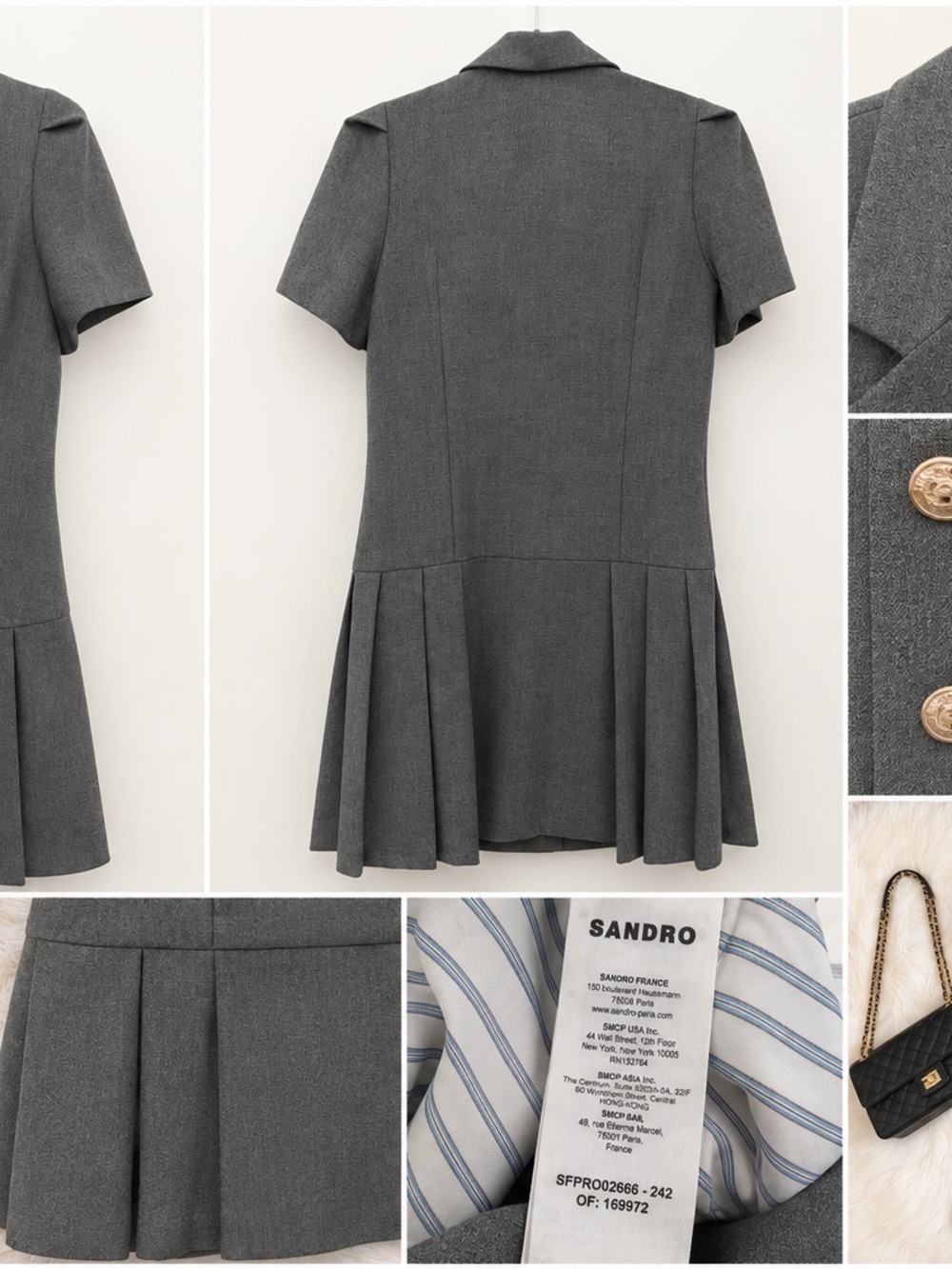Sandro Charcoal Pleated Short-Sleeve Dress